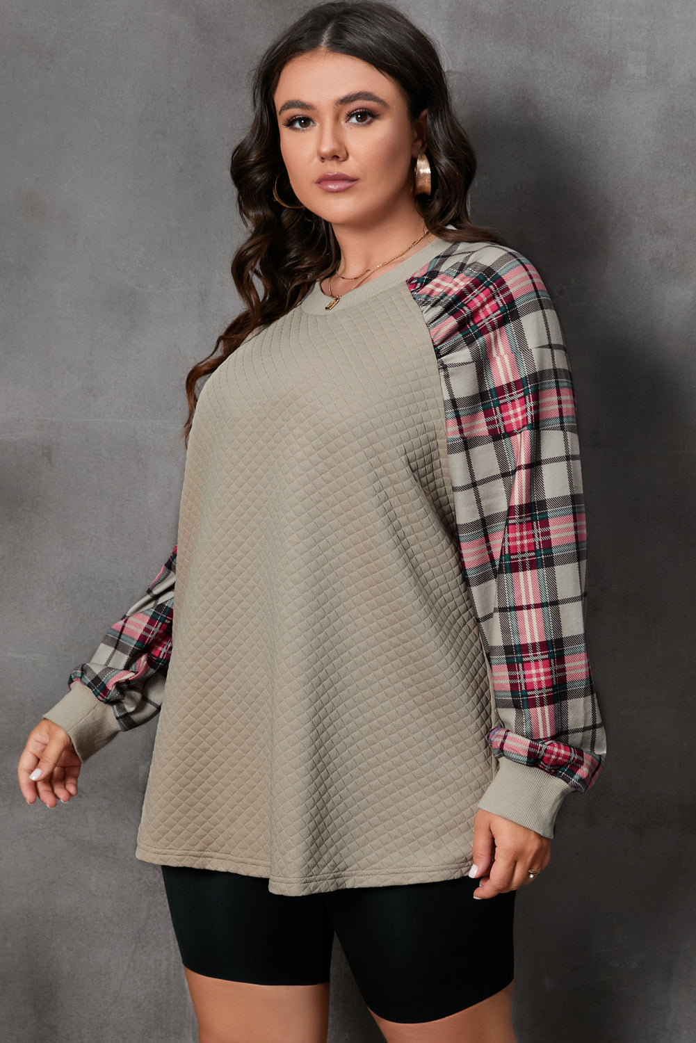 Brown Plaid Raglan Sleeve Sweatshirt