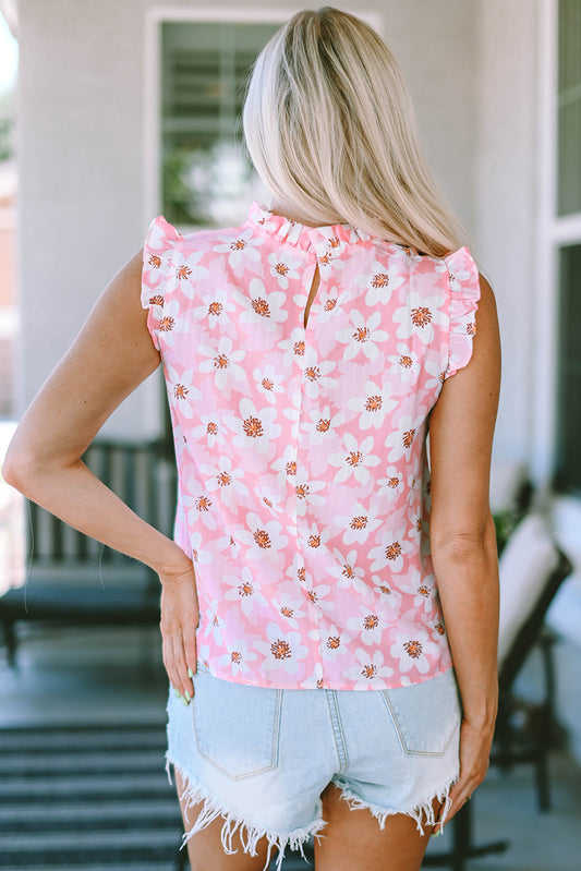 Sweet Floral Print Ruffle Trim Blouse