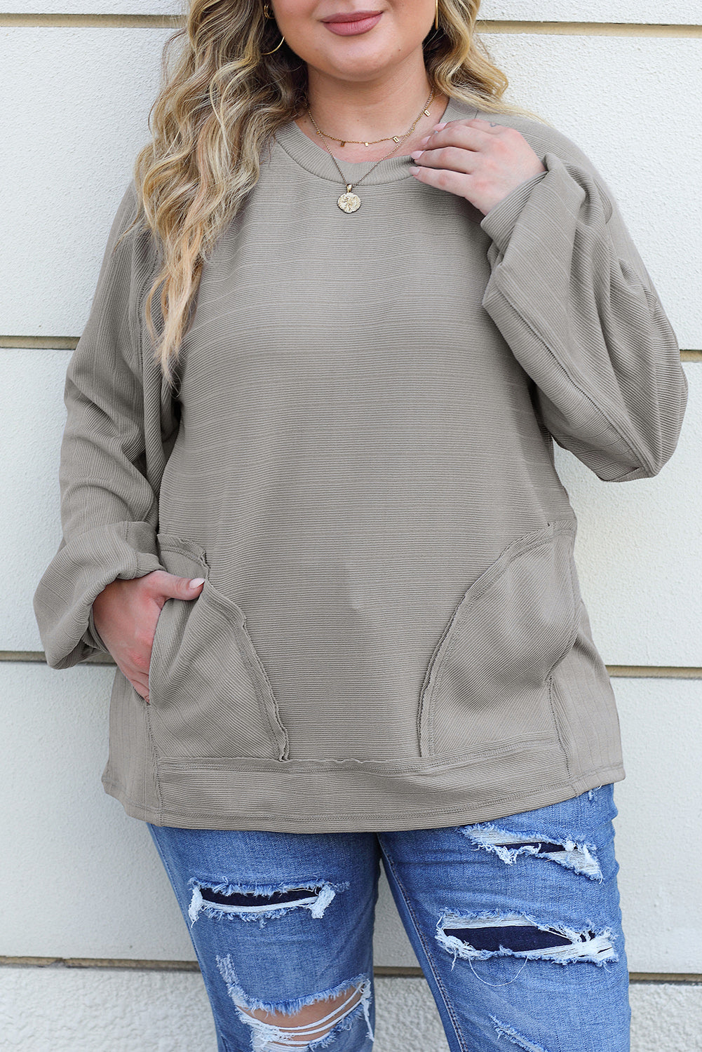 Ribbed Side Pockets Long Sleeve Plus Size Top