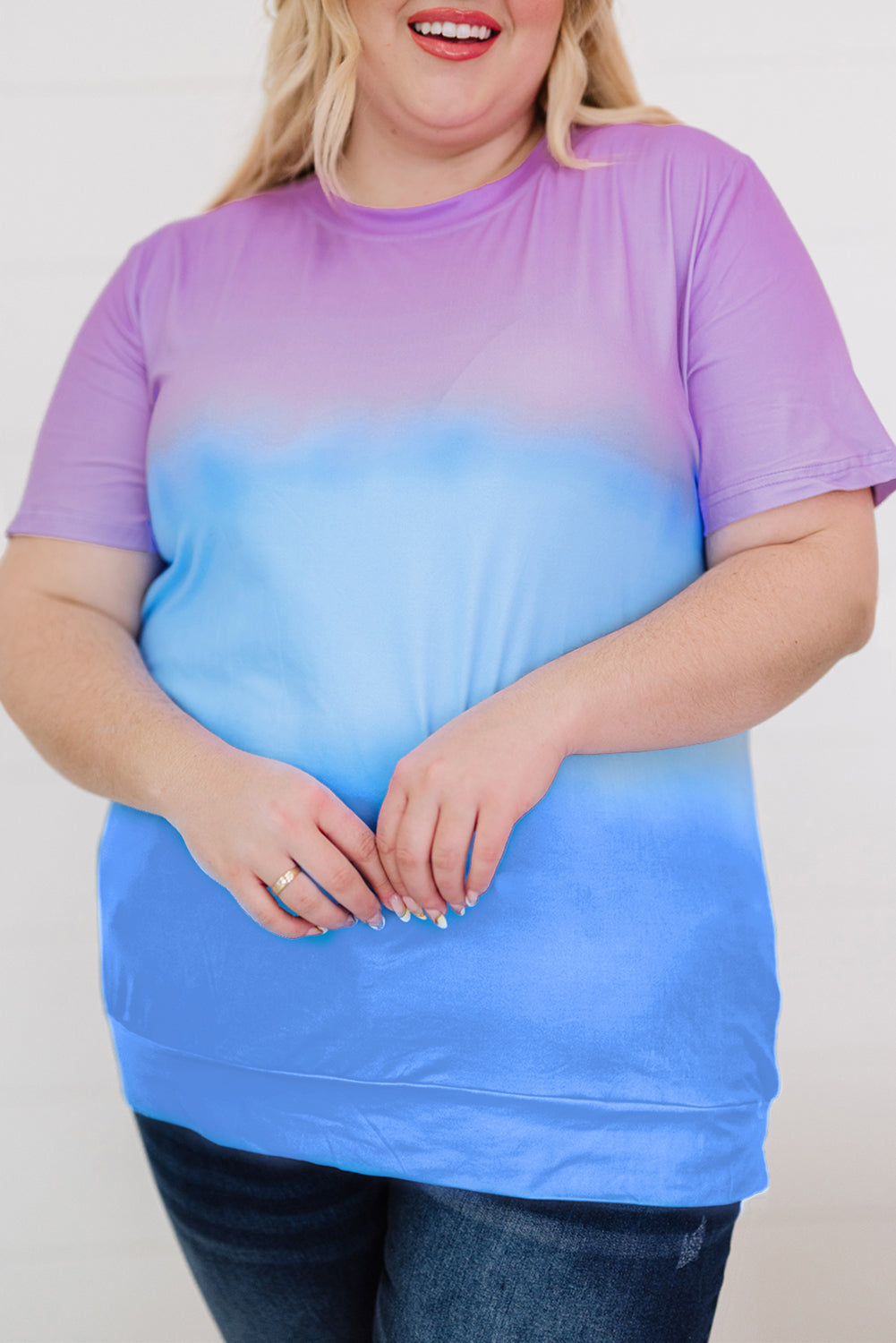 T-shirt violet à col ras du cou et tie-dye color block grande taille