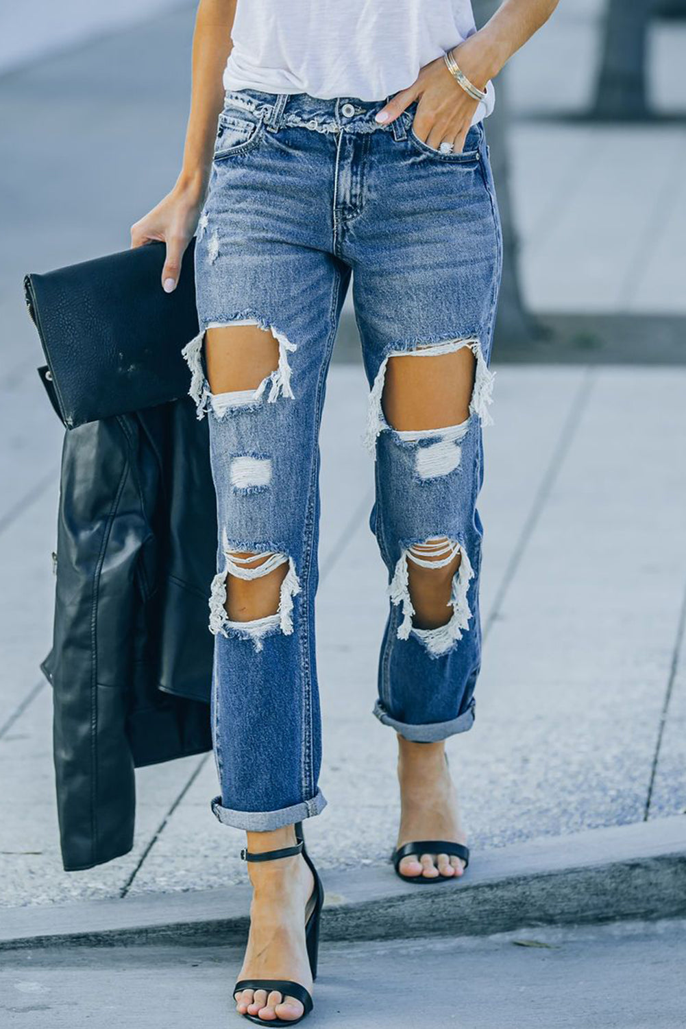 Cut Out Straight Leg Distressed Boyfriend Jeans