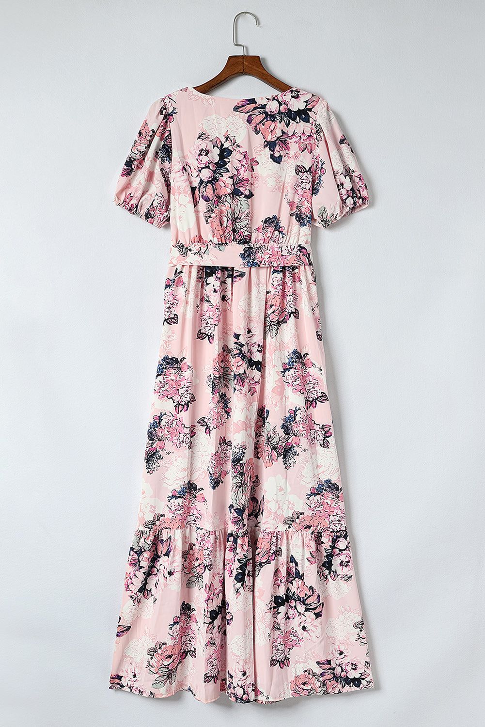 Robe longue rose à fleurs, manches bouffantes, taille haute