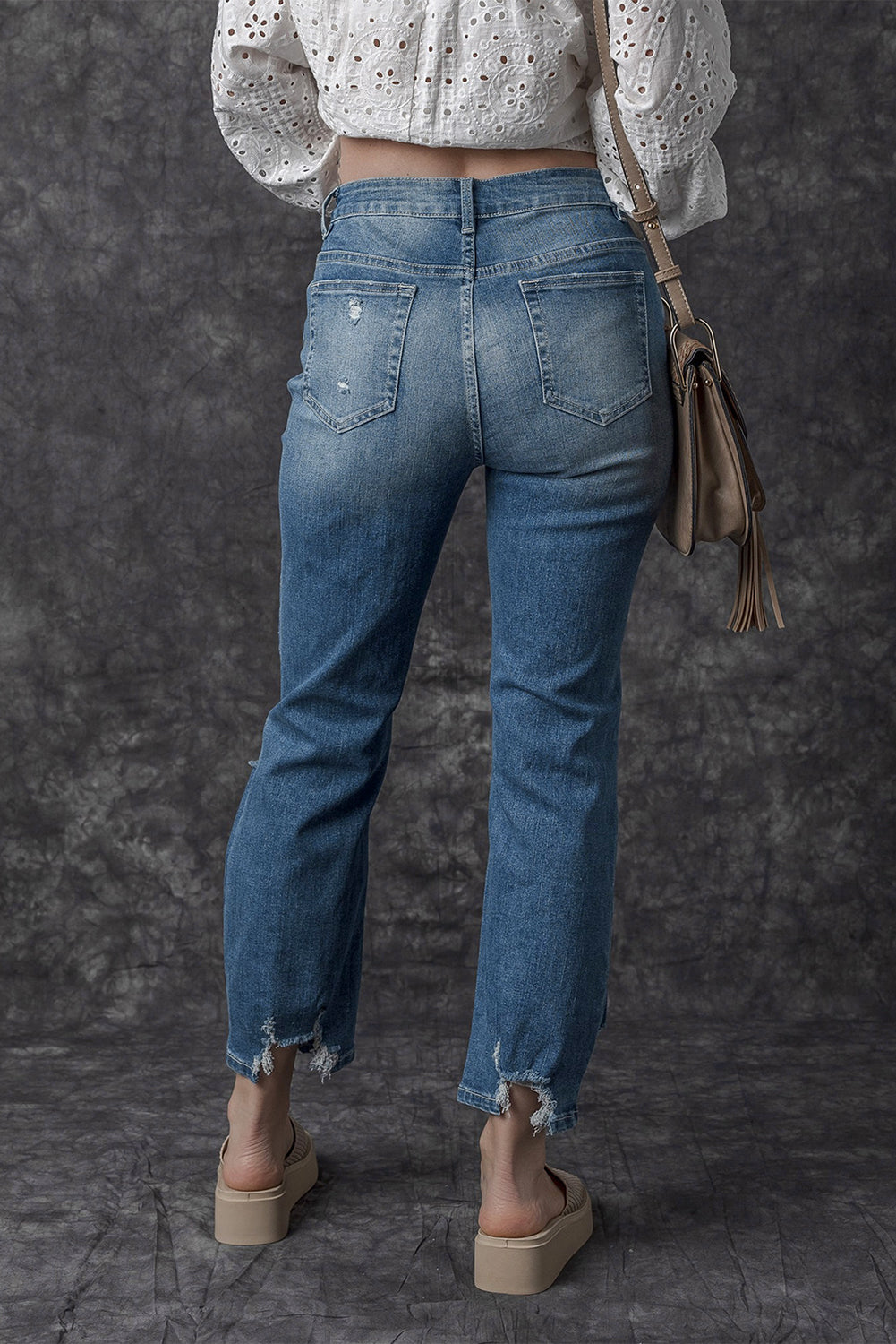 Sky Blue Ripped Knee Hole High Waist Jeans