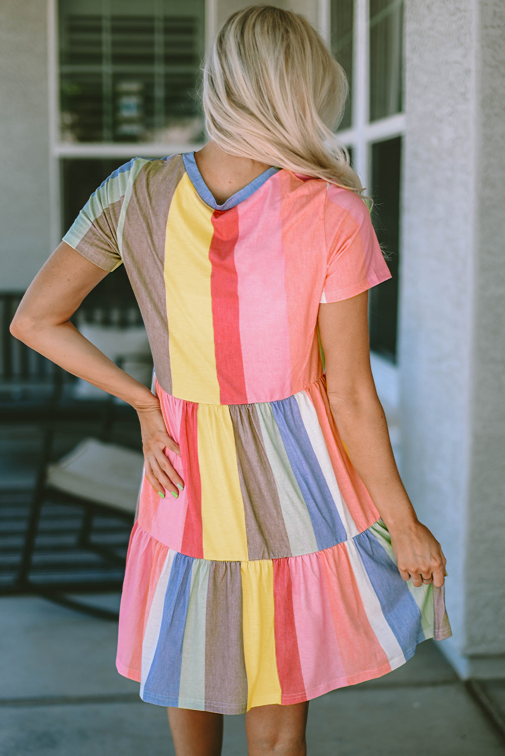 Stripe Color Block Ruffled T-shirt Dress