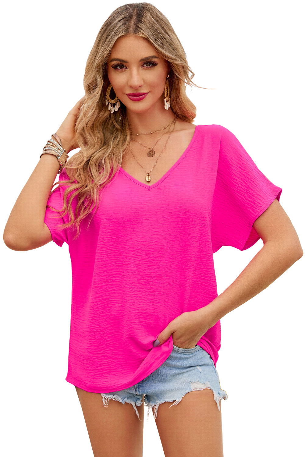 Solid V Neck Short Sleeve Blouse