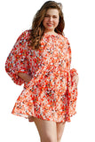 Orange Floral Print Split V Neck Bubble Sleeve Plus Size Midi Dress