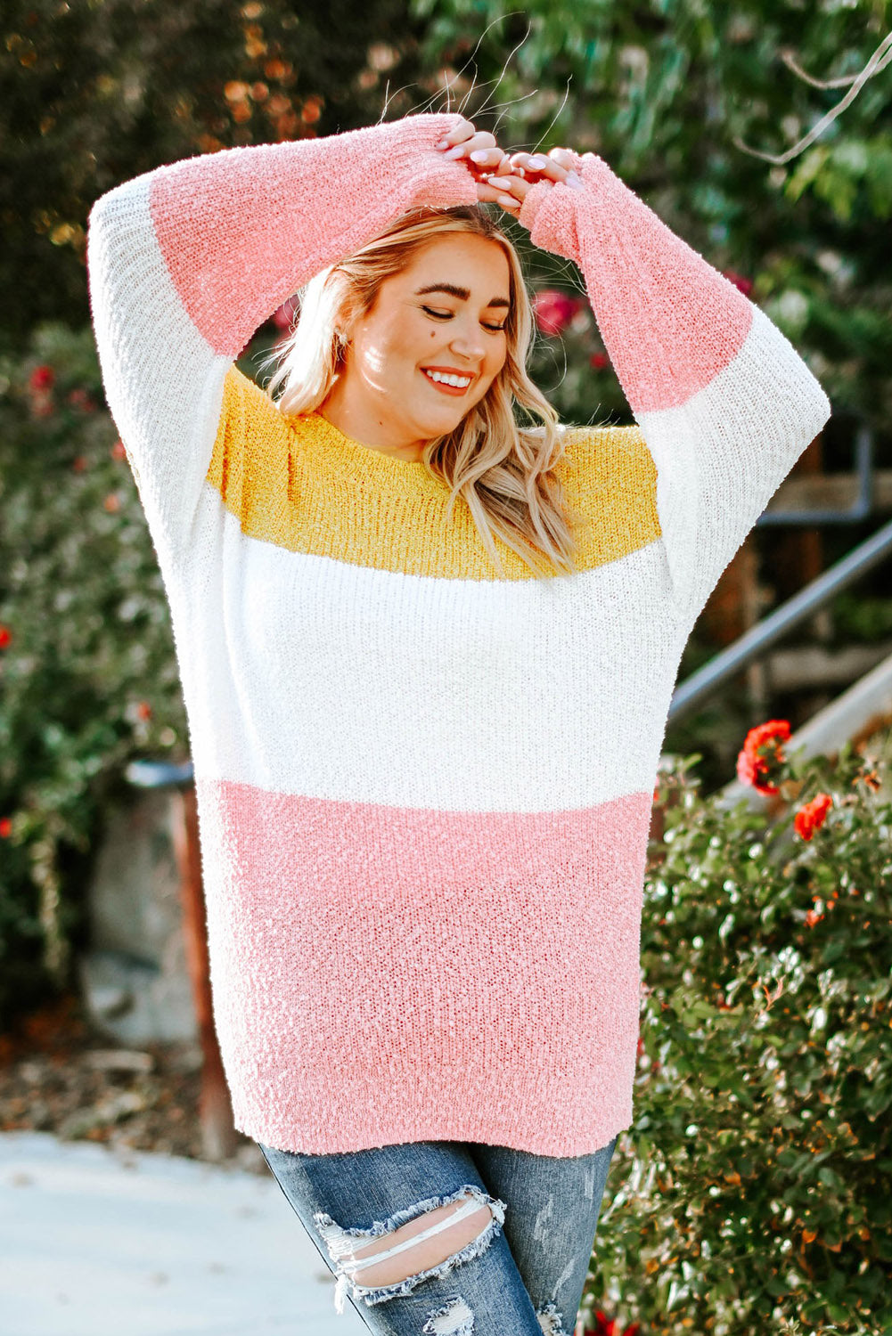 Colorblock Bubble Sleeve Plus Size Sweater