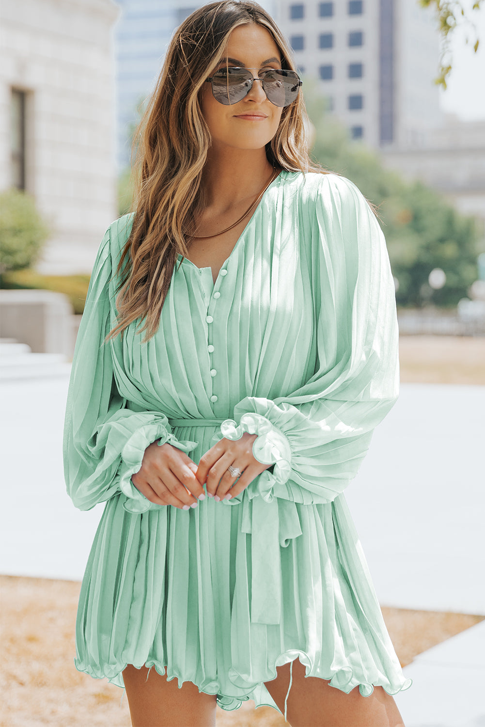 Pleated Ruffled Tie Waist Buttons V Neck Romper