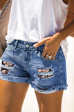 Floral Patchwork Rolled Hem Denim Shorts