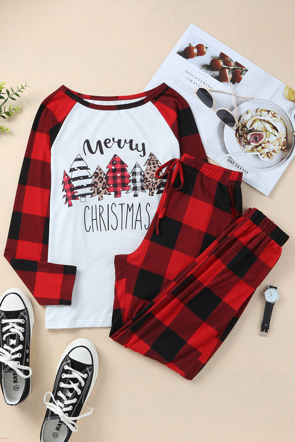 Plaid Merry Christmas Graphic Loungewear Set