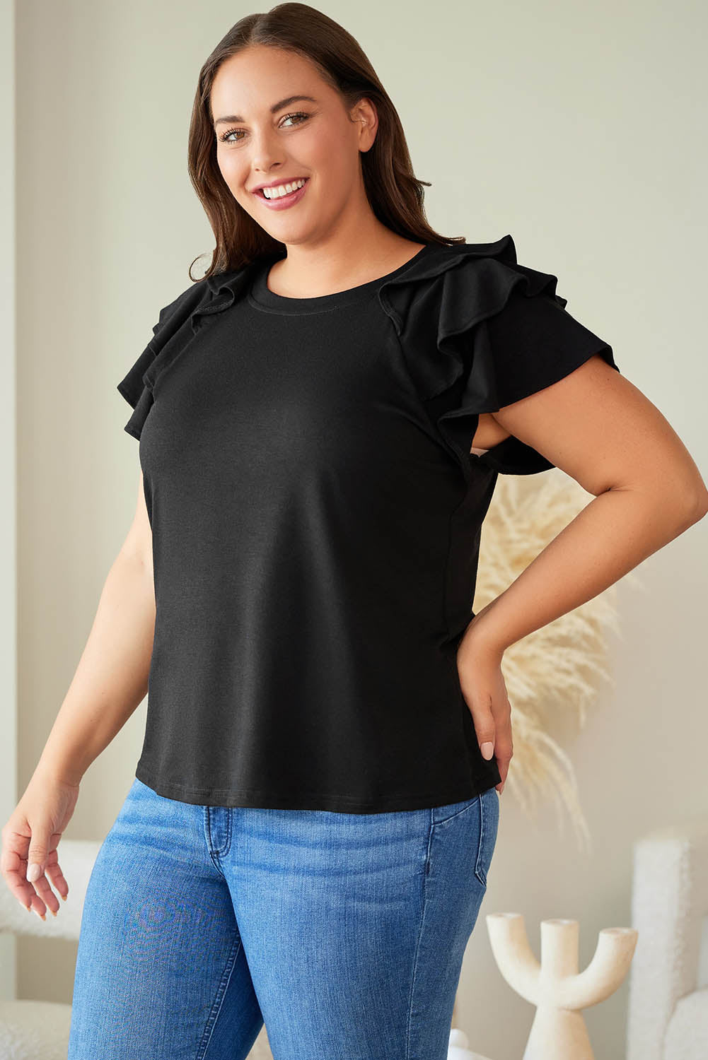 Plain Tiered Ruffled Short Sleeve T Shirt