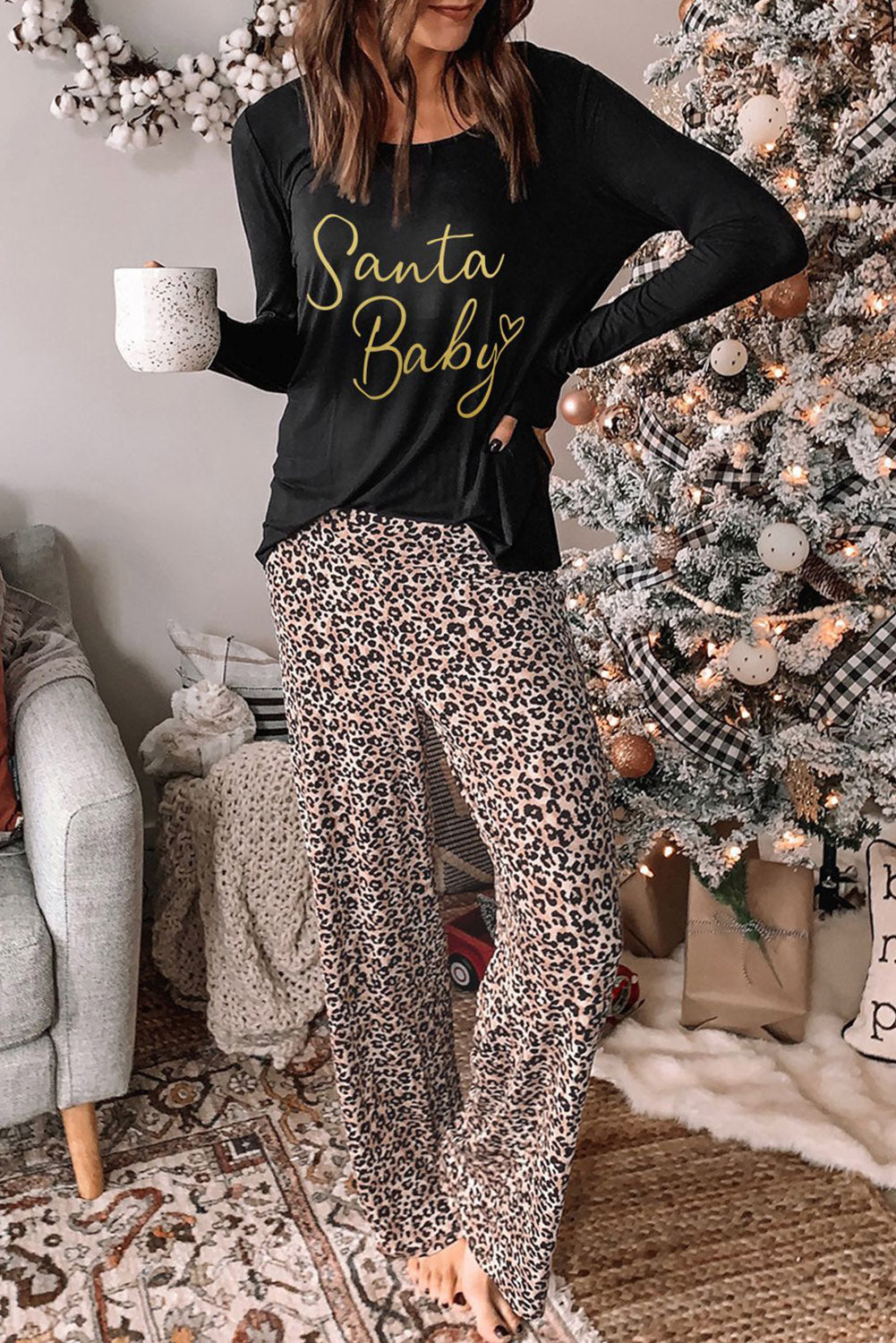 Long Sleeve Top and Leopard Print Pants Lounge Set