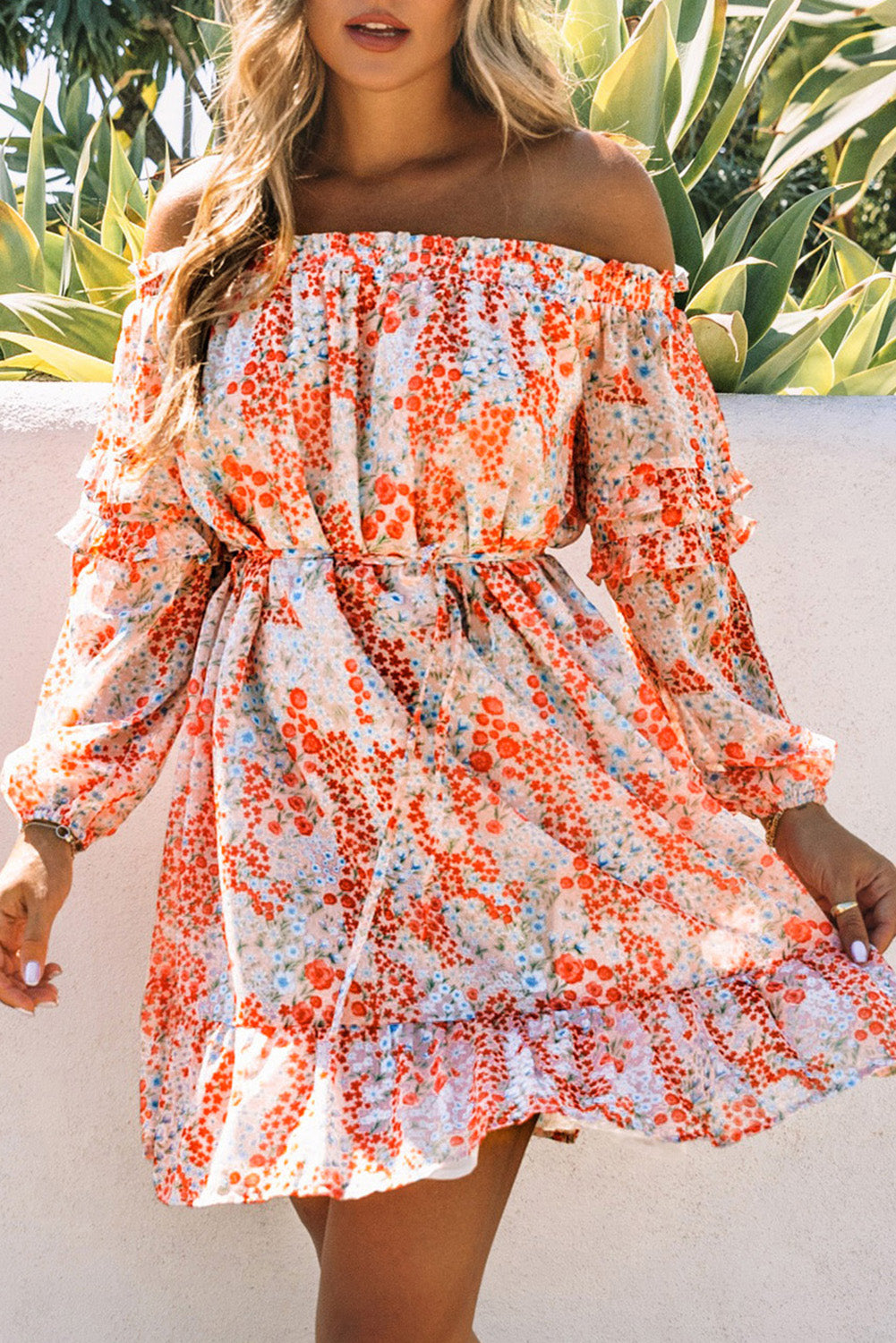 Floral Off The Shoulder Print Ruffled Dress with Tie