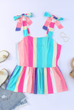 Striped Print Colorblock Knotted Shoulder Peplum Tank Top