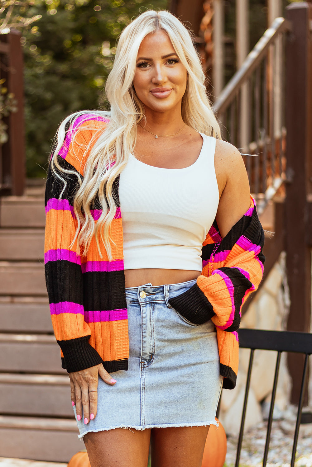 Striped Colorblock Drop Shoulder Slouchy Cardigan