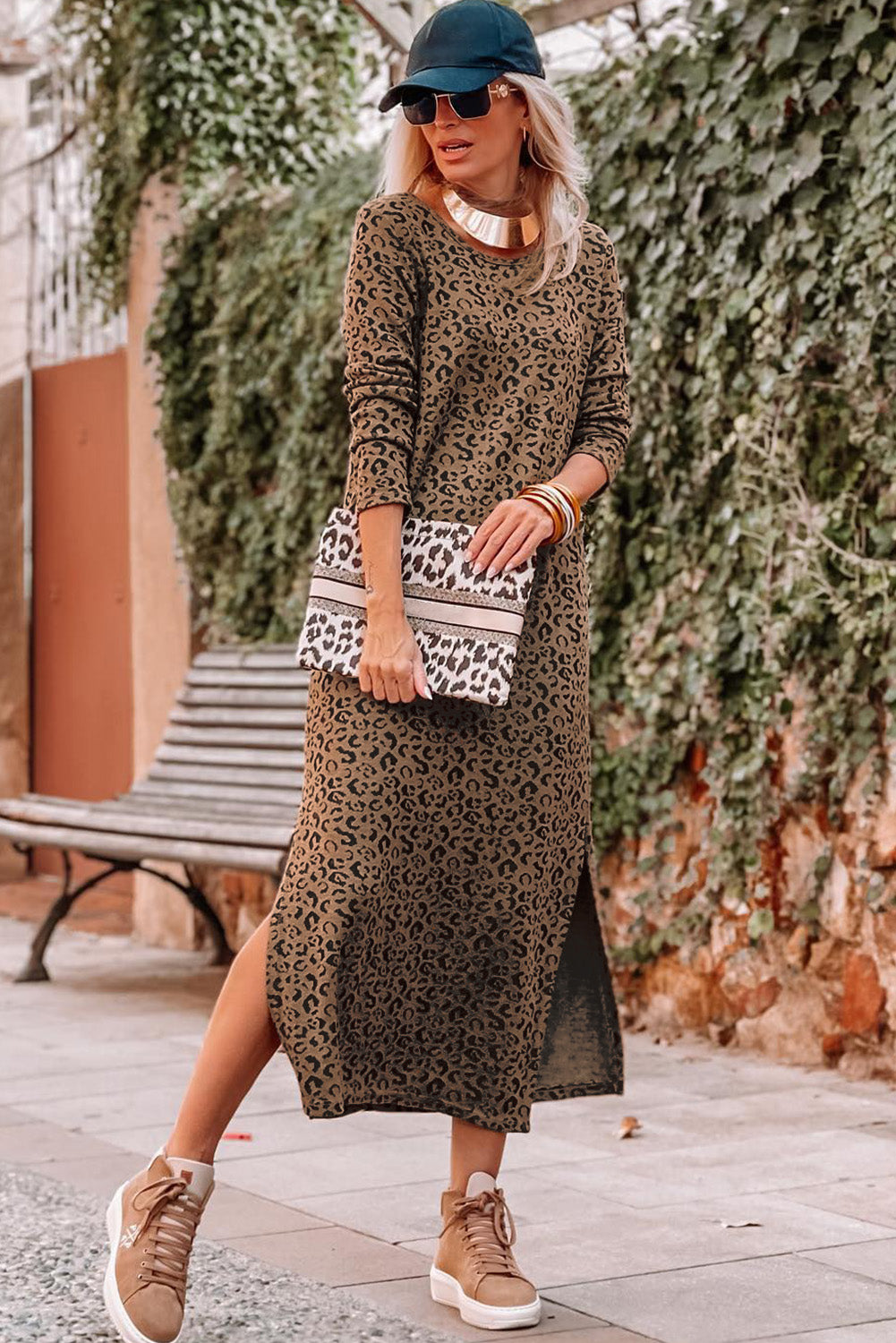 Round Neck Long Sleeve Split Dress