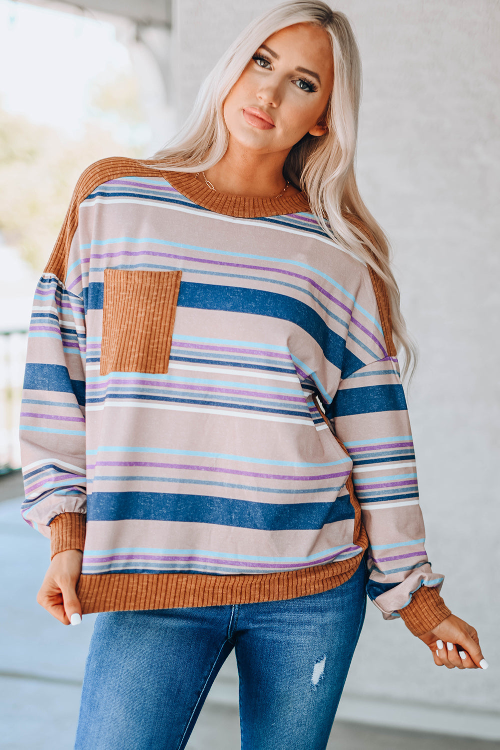 Striped Print Ribbed Knit Patchwork Pullover Top