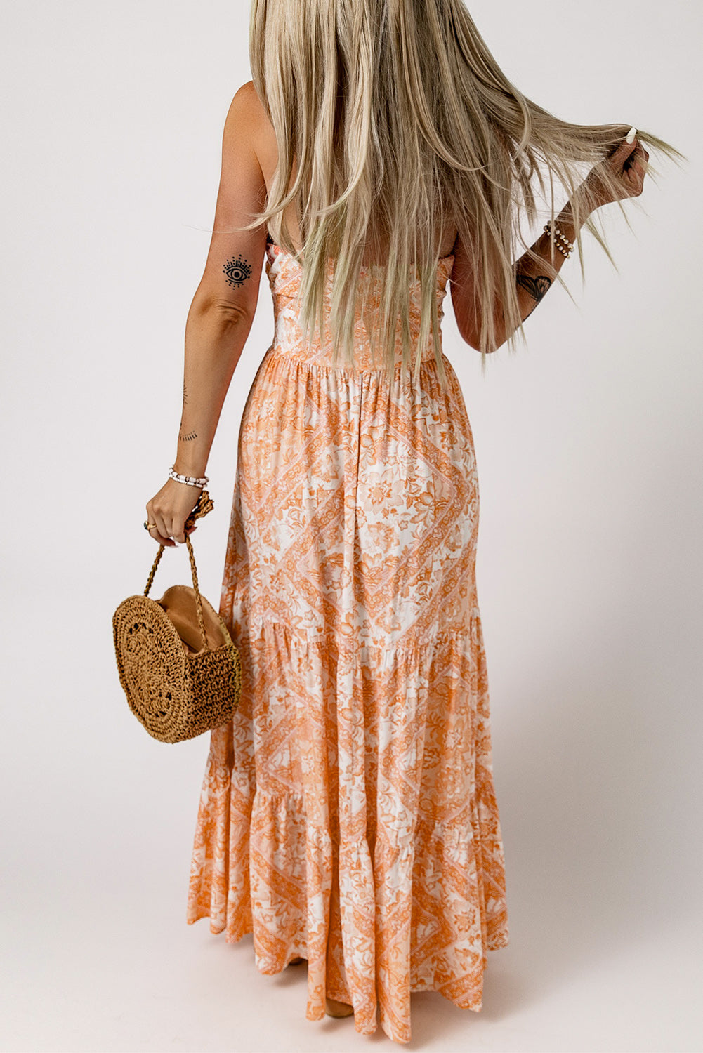 O-ring Cut out Floral Print Strapless Maxi Dress