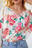 Notch V Neck Floral Pleated Puff Sleeve Blouse