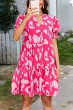 Pink Abstract Printed Puff Short Sleeve Tiered Loose Dress