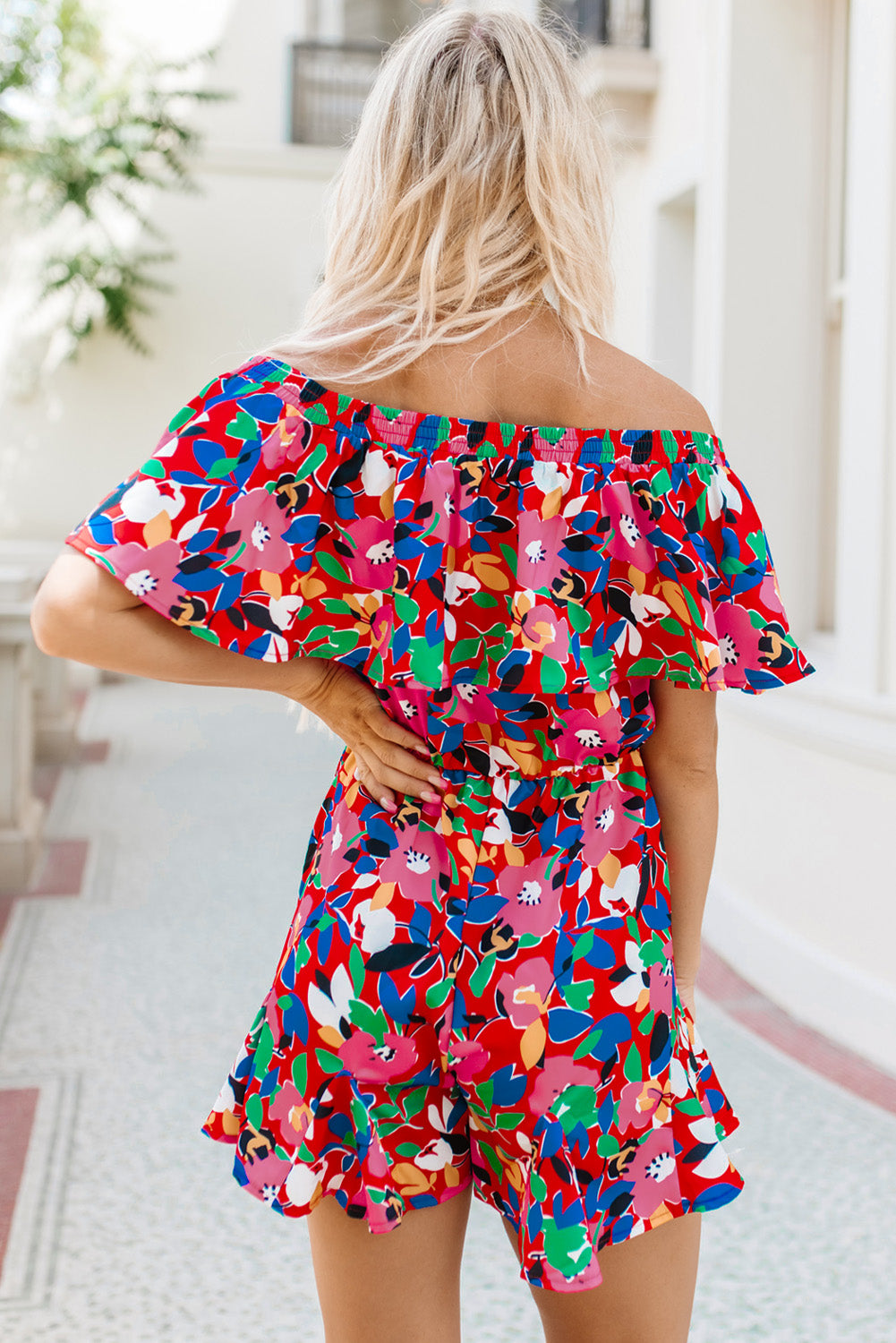 Red Floral Off Shoulder Short Sleeves Ruffle Romper