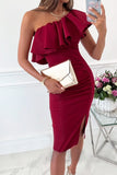 Ruffled One Shoulder Ruched Slit Bodycon Dress