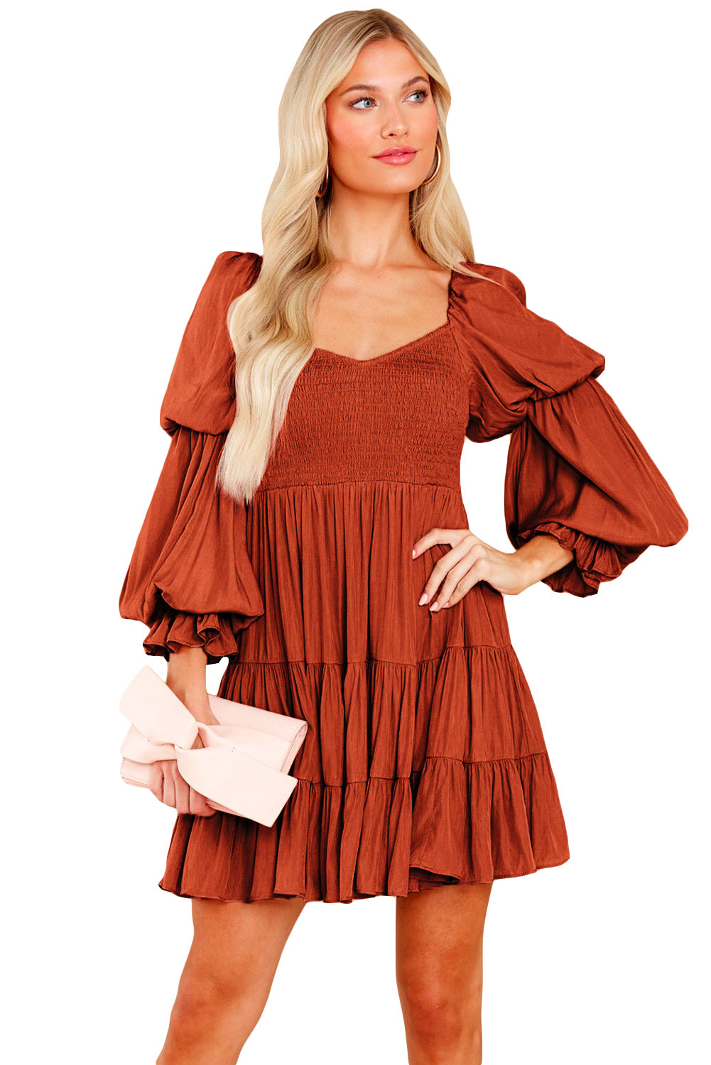 Boho Solid Shirred Ruffle Mini Dress