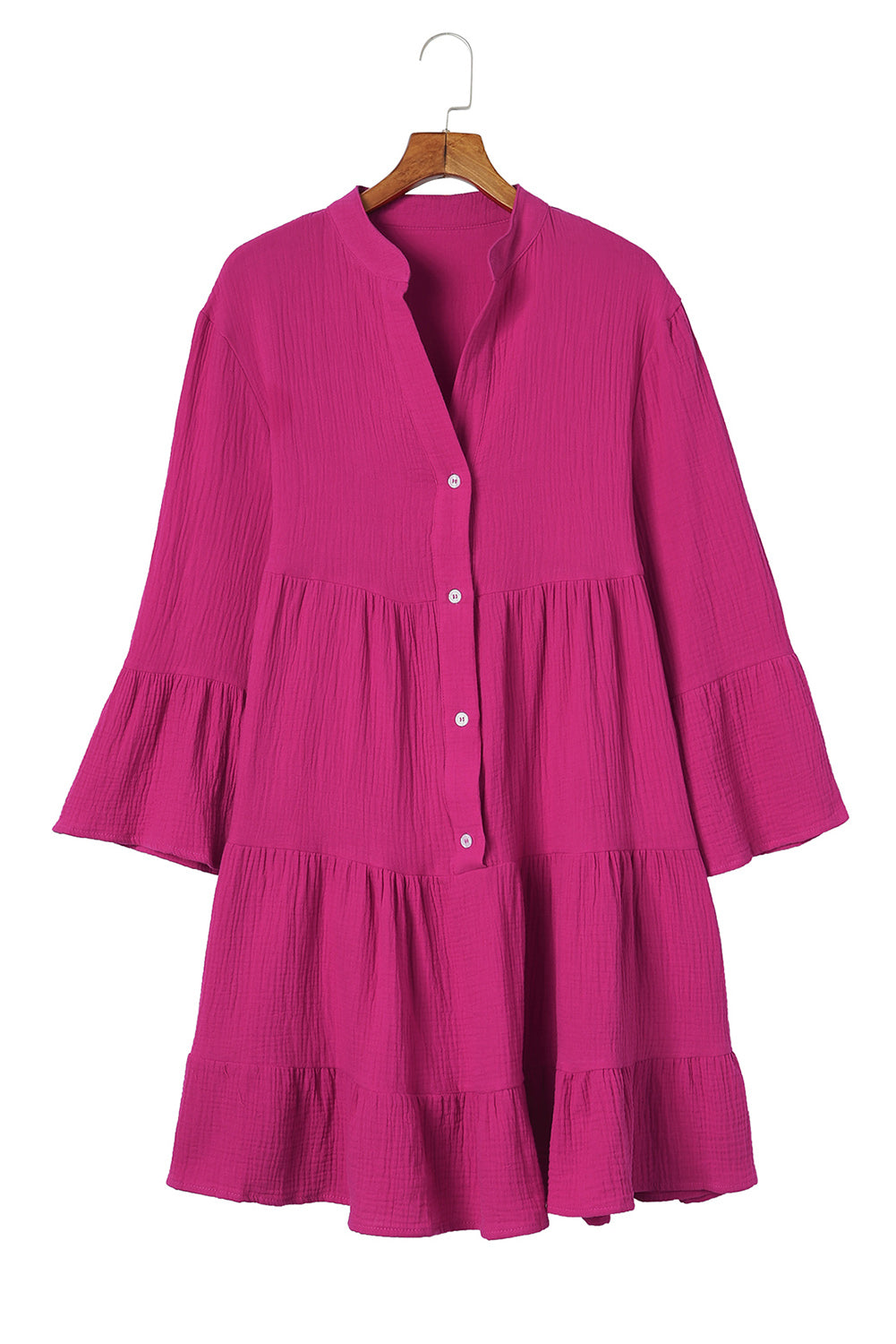 Robe chemise froissée rose à plusieurs niveaux et col fendu