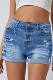 Short en jean taille haute effet vieilli bleu ciel avec poche