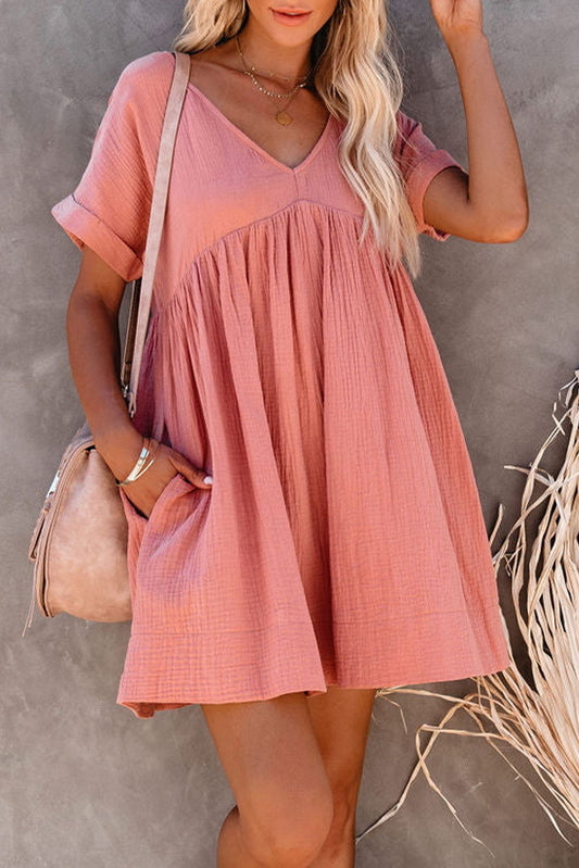 Roll Up Short Sleeve V Neck Babydoll Mini Dress