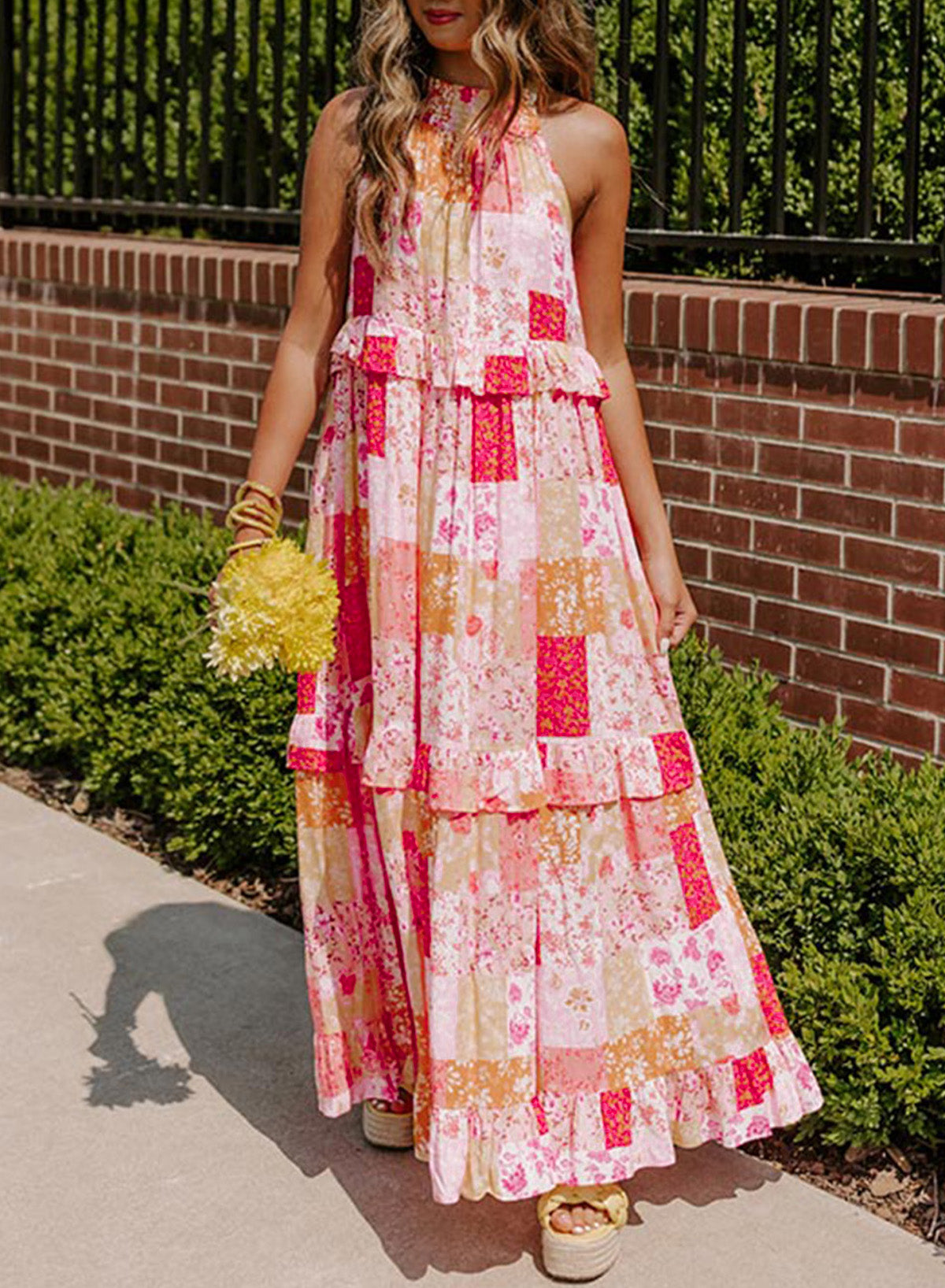 Boho Geometric Floral Print Sleeveless Maxi Dress