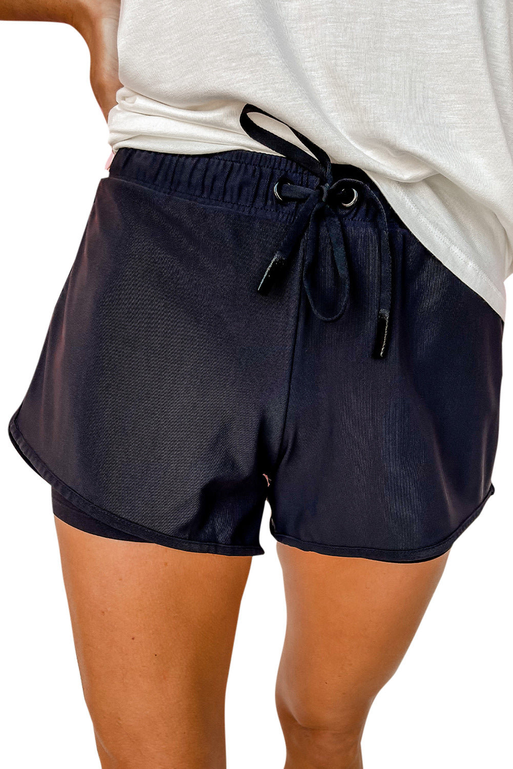 Mesh Double-layered Drawstring High Waist Active Shorts