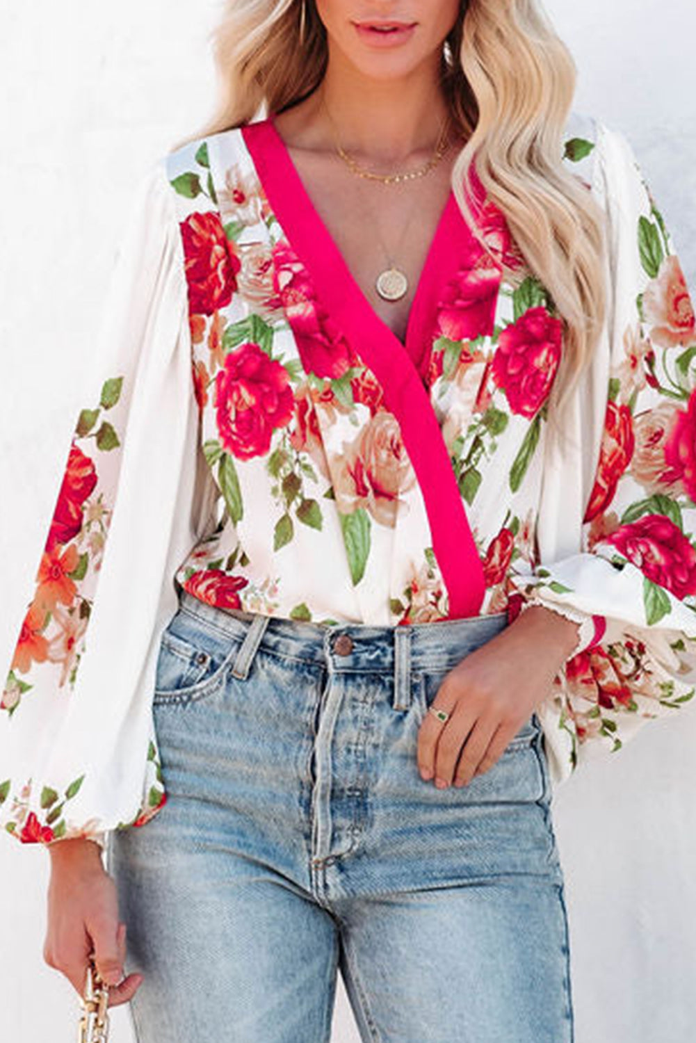 Floral Print V Neck Wrap Bodysuit