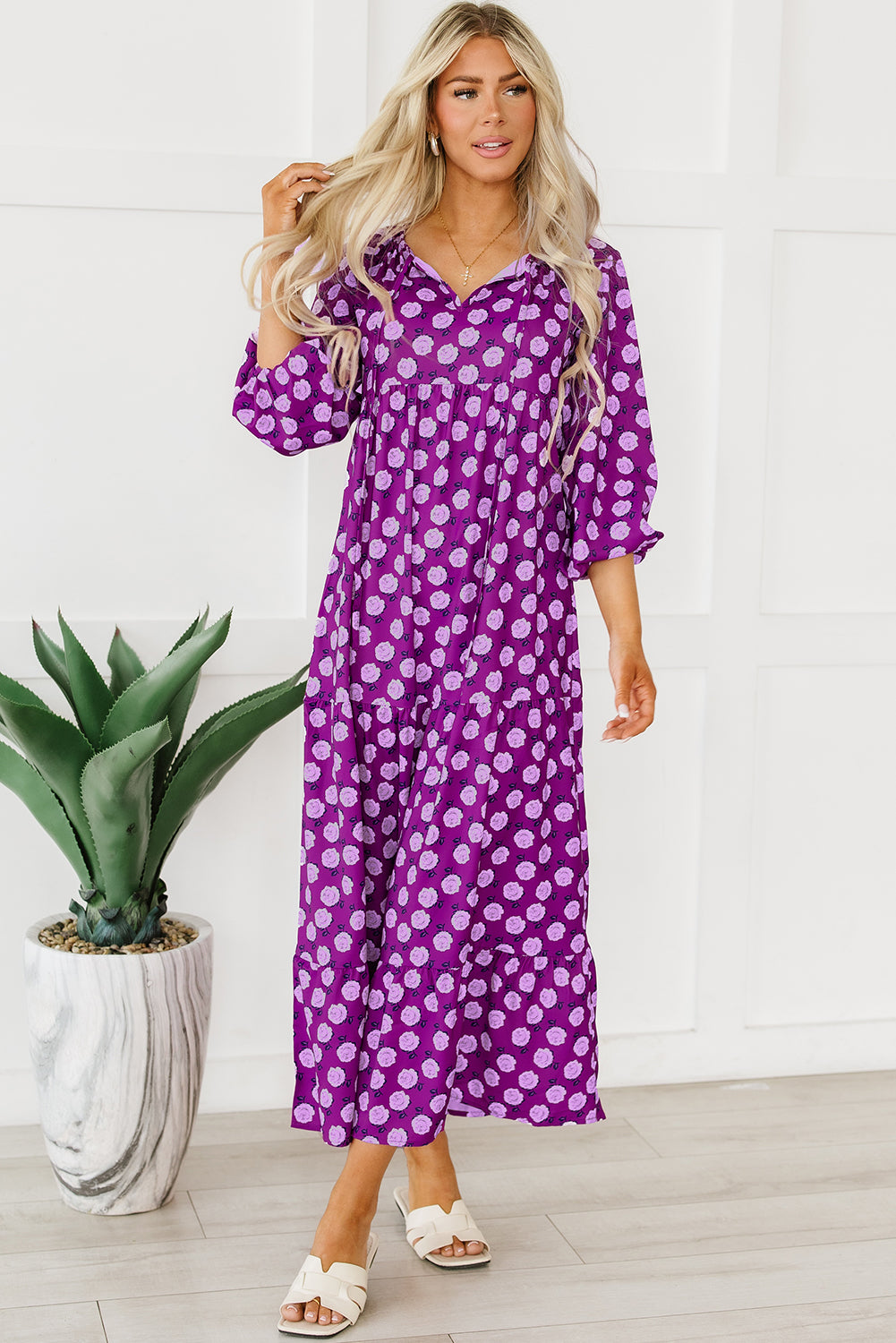 Robe longue violette imprimée bohème à manches bouffantes