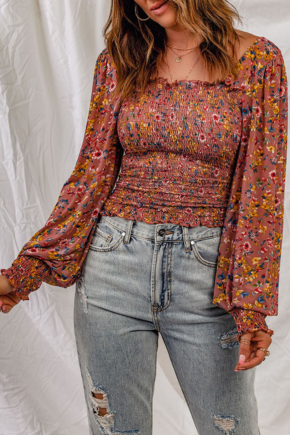 Floral Print Smocked Long Sleeve Top