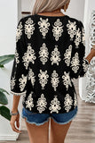 Black Vintage Geometric Printed 3/4 Sleeve V Neck Blouse