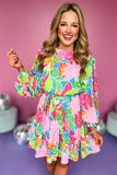 Green Multicolor Botanical Bubble Sleeve Mini Dress