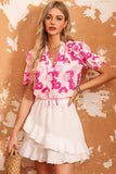 Split Neck Ruffled Puff Sleeves Floral Top