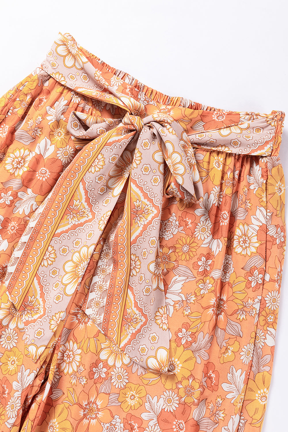 Pamplemousse Orange Cravate Taille Boho Floral Pantalon Large Jambe