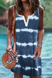 Tie Dye Striped Button Notch V Neck Mini Dress