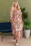 Brown Floral Print Shirred Square Neck High Waist Maxi Dress