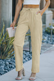 Drawstring Elastic Waist Pockets Long Straight Legs Pants