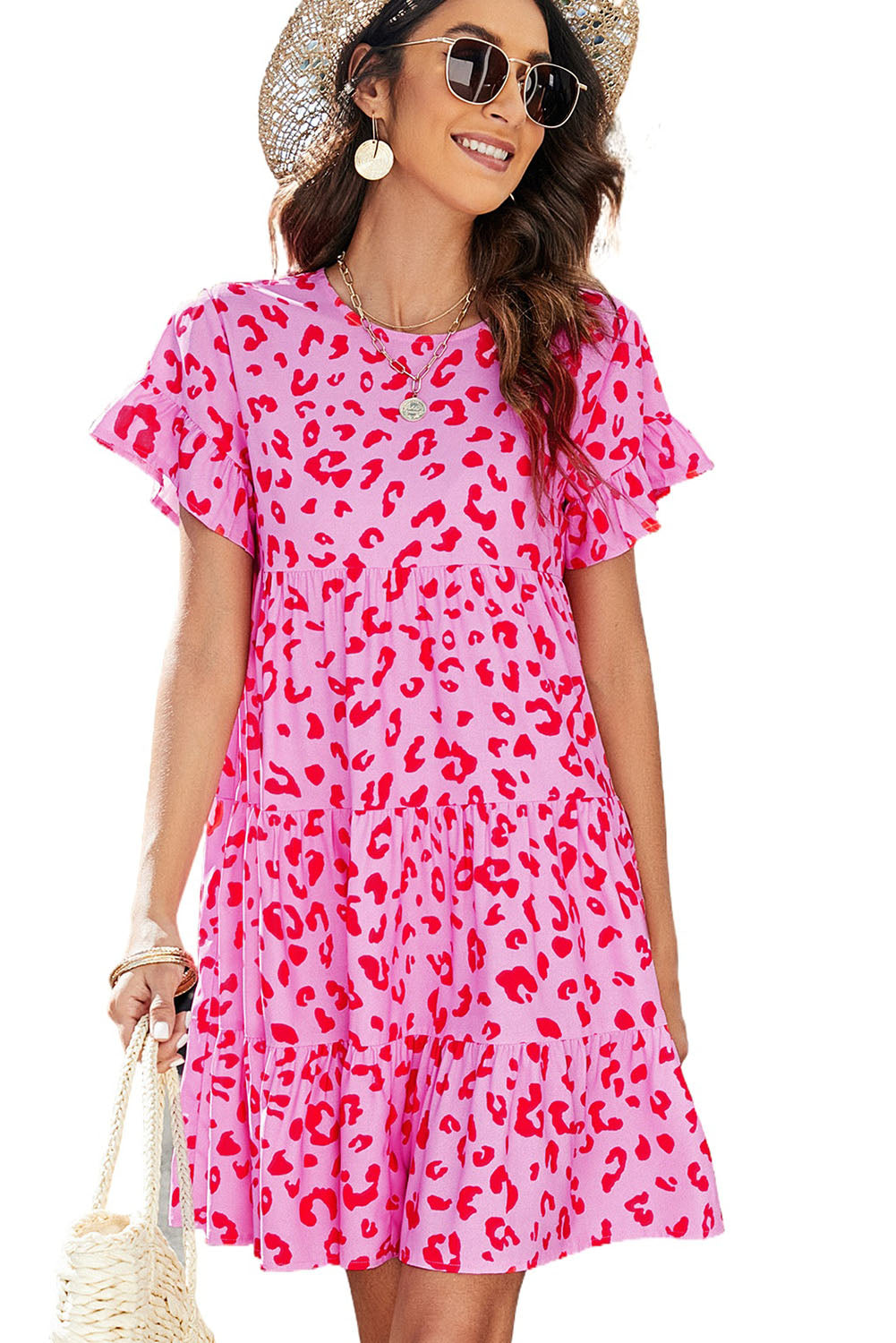 Leopard Print Ruffle Short Sleeve Tiered Dress