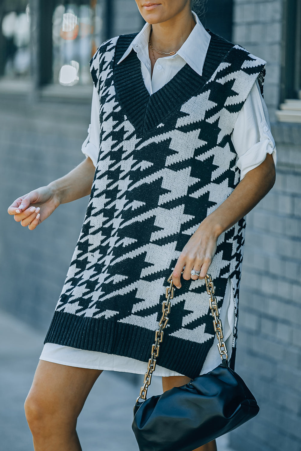 Houndstooth Sweater Vest with Slits