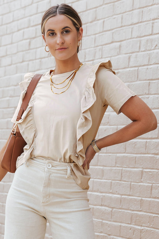 Solid Ruffle Trim Short Sleeve Top