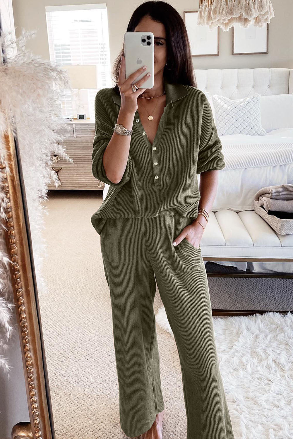 Ribbed Knit Collared Henley Top and Pants Lounge Outfit