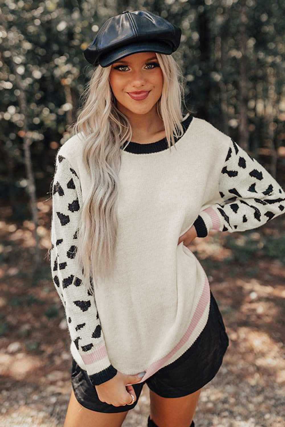 Leopard Sleeves Contrast Neckline Drop Shoulder Sweater