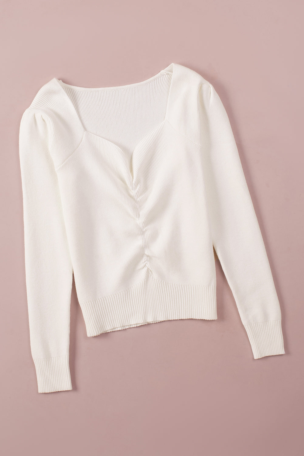 Ruched Sweetheart Neckline Rib Knit Sweater