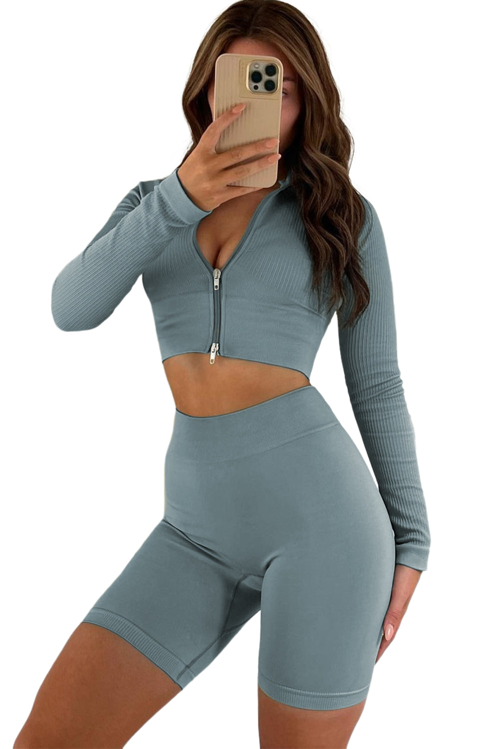 Full Zipper Ribbed Seamless Long Sleeve Yoga Top