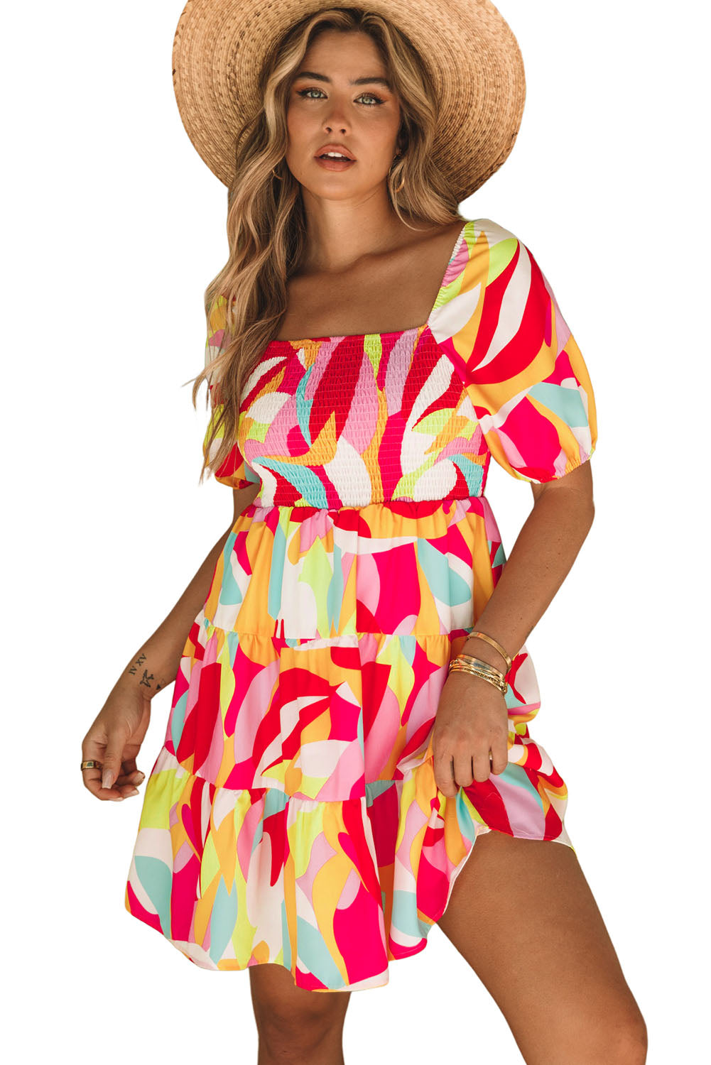 Multicolor Abstract Print Puff Sleeve Smocked Square Neck Dress